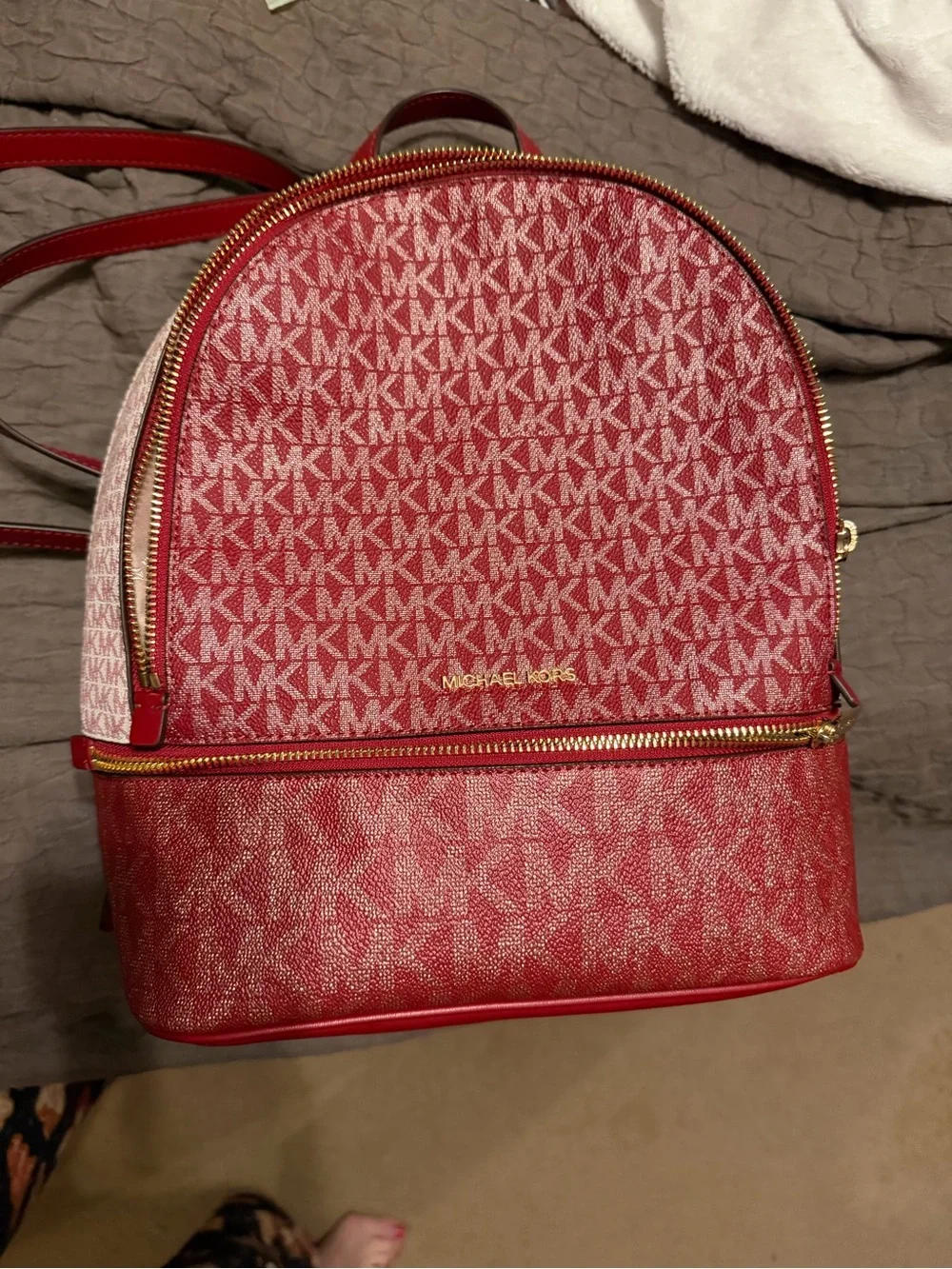 Michael Kors Red MK Signature Dome Backpack with Gold Hardware